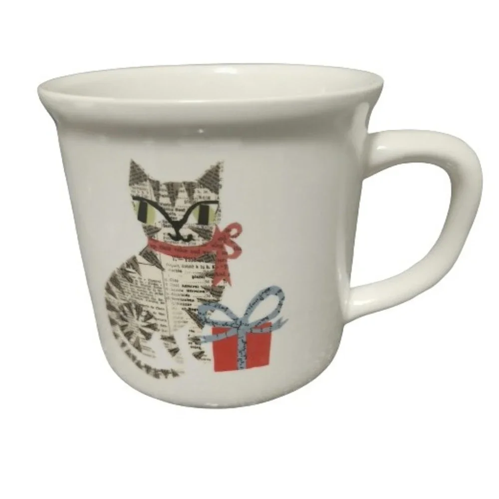 Pottery Barn Denise Fiedler Ceramic Coffee Mug Newspaper Cat